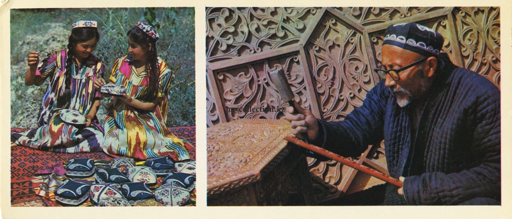 Uzbekistan 1974 Fergana valley - Embroidery of tyubeteykas - Master of woodcarving Khaidarov work.jpg